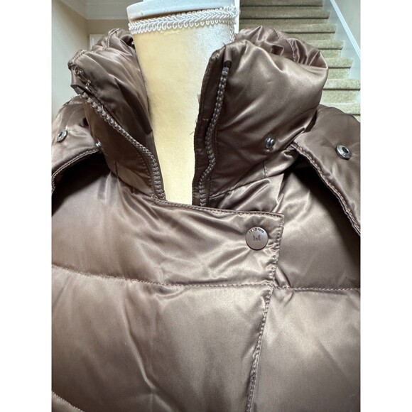 Women’s Long Belted Puffer Coat Sz S Brown Quilted Winter Jacket Removable Hood - Picture 4 of 12